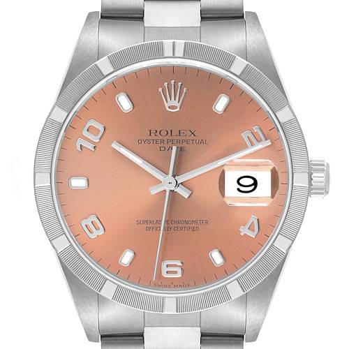 This is a front view of a Rolex Oyster Perpetual Date watch displaying the dial, crystal, bezel, and part of the bracelet.