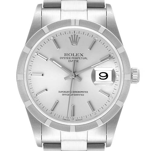 The image shows a front-facing view of a Rolex Date 15210 Men's Stainless Steel Silver Dial 15210 Men's Stainless Steel Silver Dial model watch, featuring its dial, hands, bezel, crown, and part of the bracelet.