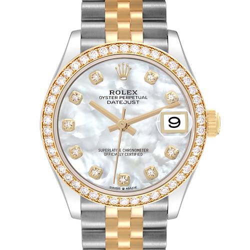 The Rolex Datejust watch is shown from a front view, highlighting the dial, bezel, and bracelet.