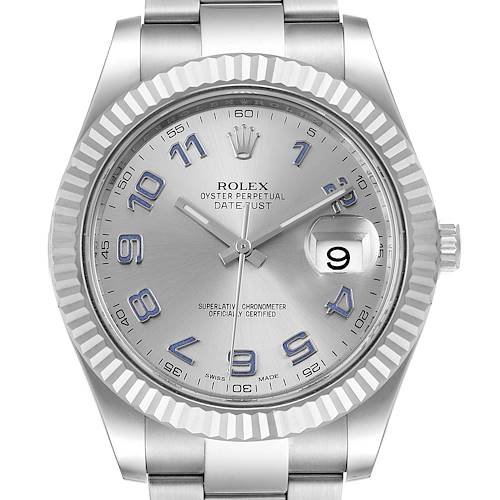 This image shows a front view of the Rolex Datejust 41 116334 Men's Stainless Steel Silver Dial 116334 Men's Stainless Steel Silver Dial watch, highlighting its face, bezel, and bracelet.