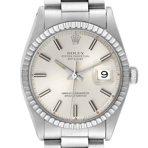The image shows a front angle view of the Rolex Vintage Collection 1603 Men's Stainless Steel Silver Dial 1603 Men's Stainless Steel Silver Dial Oyster Perpetual Datejust watch, highlighting the dial, bezel, and bracelet.