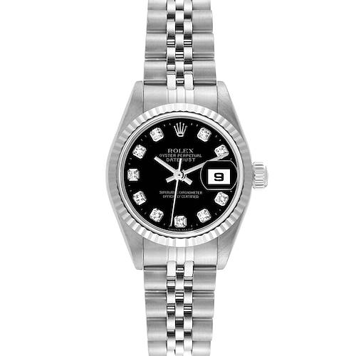 The image shows a frontal view of the Rolex Datejust 79174 Women's Stainless Steel Black Dial 79174 Women's Stainless Steel Black Dial, highlighting its black dial, diamond markers, bezel, and bracelet.