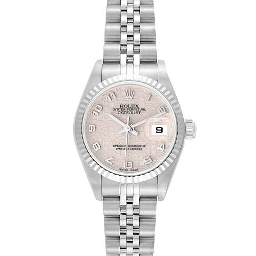 The Rolex Datejust 79174 Women's Stainless Steel Silver Dial 79174 Women's Stainless Steel Silver Dial watch is shown from a front view, displaying its dial, bezel, hands, and bracelet.