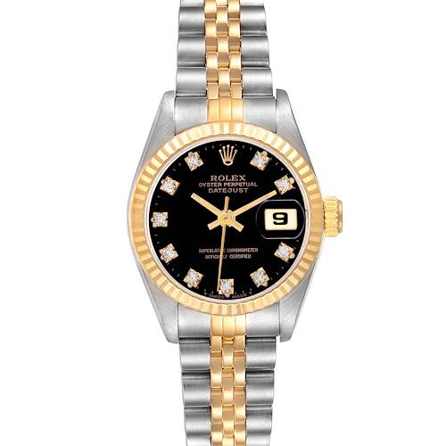 The Rolex Datejust 69173 Women's Steel and Gold (two tone) Black Dial 69173 Women's Steel and Gold (two tone) Black Dial watch is shown from a front view, displaying the dial, bezel, crown, and two-tone bracelet.