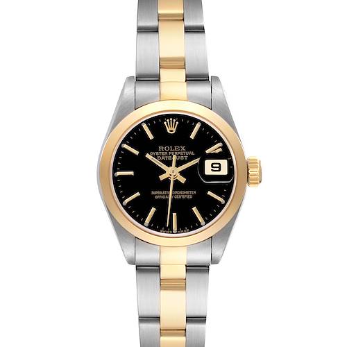The Rolex Datejust 79163 Women's Steel and Gold (two tone) Black Dial 79163 Women's Steel and Gold (two tone) Black Dial watch is shown in a front view, highlighting its black dial, gold bezel, and two-tone bracelet.