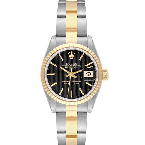 The image shows a front view of the Rolex Datejust 69173 Women's Steel and Gold (two tone) Black Dial 69173 Women's Steel and Gold (two tone) Black Dial, highlighting the dial, bezel, bracelet, and date window.