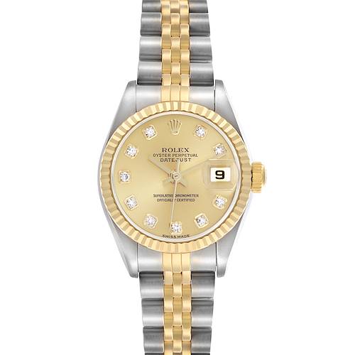 The Rolex Datejust 79173 Women's Steel and Gold (two tone) Champagne Dial 79173 Women's Steel and Gold (two tone) Champagne Dial watch is shown from a top-down angle, highlighting its gold and silver bracelet and diamond-accented dial.