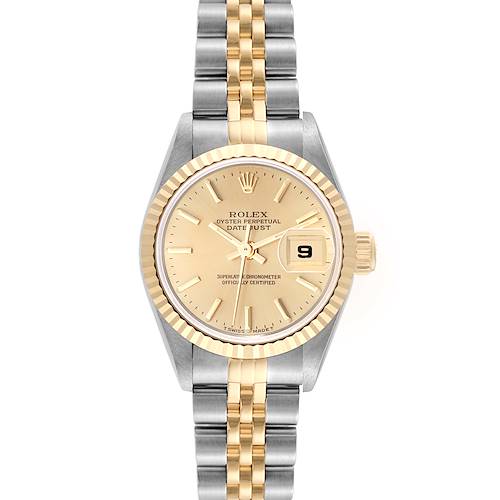 This image shows a front view of a Rolex Datejust 69173 Women's Steel and Gold (two tone) Champagne Dial 69173 Women's Steel and Gold (two tone) Champagne Dial watch, featuring a two-tone bracelet and a champagne dial with date display.