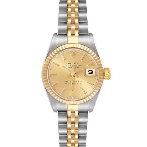 The image shows a Rolex Datejust 79173 Women's Steel and Gold (two tone) Champagne Dial 79173 Women's Steel and Gold (two tone) Champagne Dial watch from a front angle, highlighting its two-tone bracelet, champagne dial, and date display.
