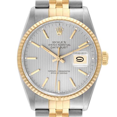 The image shows a face-front view of a Rolex Vintage Collection 16013 Men's Steel and Gold (two tone) Silver Dial 16013 Men's Steel and Gold (two tone) Silver Dial Oyster Perpetual Datejust watch.