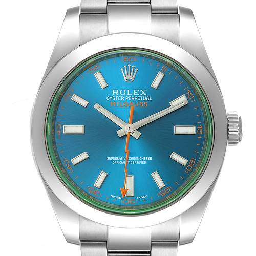 The image shows a front view of the dial, hands, bezel, and part of the bracelet of a Rolex Milgauss 116400GV Men's Stainless Steel Blue Dial 116400GV Men's Stainless Steel Blue Dial watch.