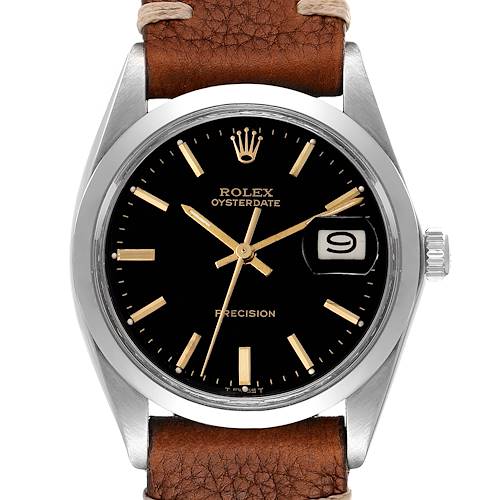 This Rolex Date 6694 Men's Stainless Steel Black Dial 6694 Men's Stainless Steel Black Dial model watch is shown from the front, featuring its dial, hands, crown, and leather strap.