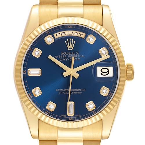 The Rolex President 118238 Men's Yellow Gold Blue Dial 118238 Men's Yellow Gold Blue Dial watch is shown from a front angle, displaying the blue dial, day and date features, and diamond hour markers.