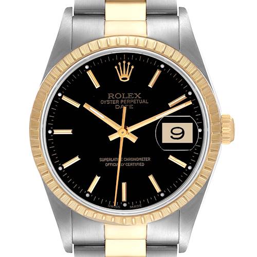 This image shows a frontal view of a Rolex Oyster Perpetual Date watch with a two-tone bracelet, black dial, and gold accents.