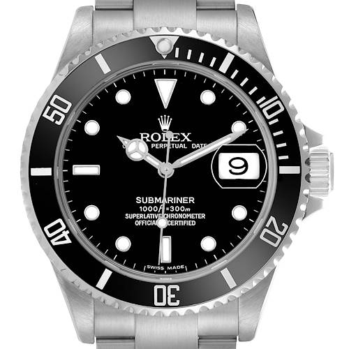 The Rolex Submariner 16610 Men's Stainless Steel Black Dial 16610 Men's Stainless Steel Black Dial is shown from a front angle, displaying the dial, bezel, bracelet, and date window clearly.