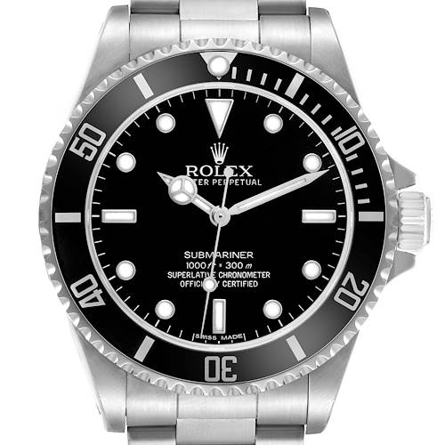 The Rolex Submariner 14060 Men's Stainless Steel Black Dial 14060 Men's Stainless Steel Black Dial watch is shown from the front, displaying its dial, bezel, and part of the stainless steel bracelet.