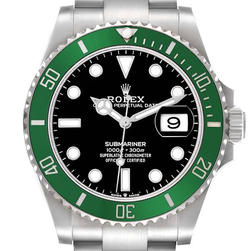 The Rolex Submariner 126610LV Men's Stainless Steel Black Dial 126610LV Men's Stainless Steel Black Dial is shown from a frontal angle, displaying the dial, green bezel, and part of the metal bracelet.