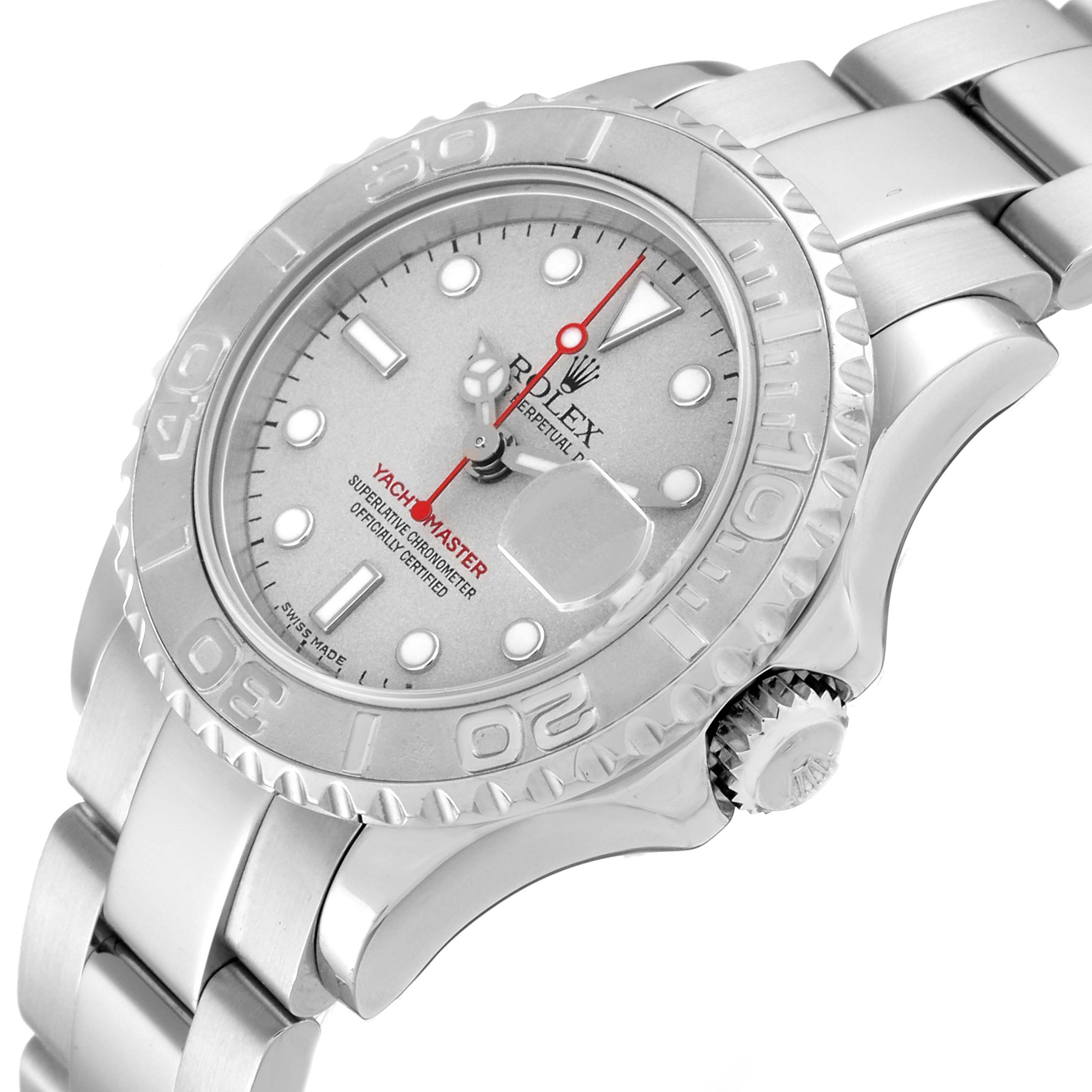 This image shows the Rolex Yacht-Master 169622 Women's Stainless Steel Silver Dial 169622 Women's Stainless Steel Silver Dial watch from an angled view, highlighting its face, bezel, crown, and bracelet.