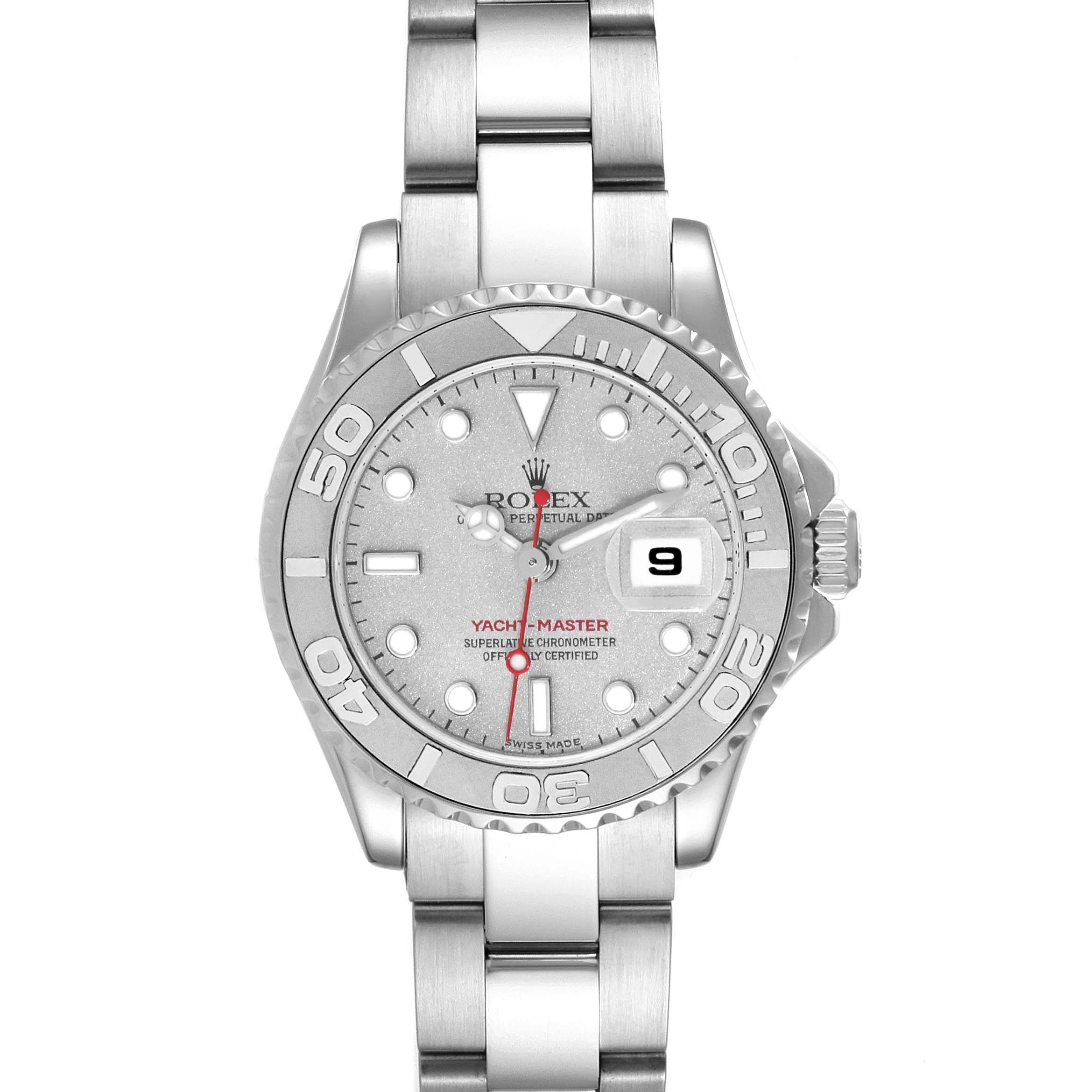 The Rolex Yacht-Master 169622 Women's Stainless Steel Silver Dial 169622 Women's Stainless Steel Silver Dial watch is shown from a front view, highlighting its dial, bezel, bracelet, and date window.