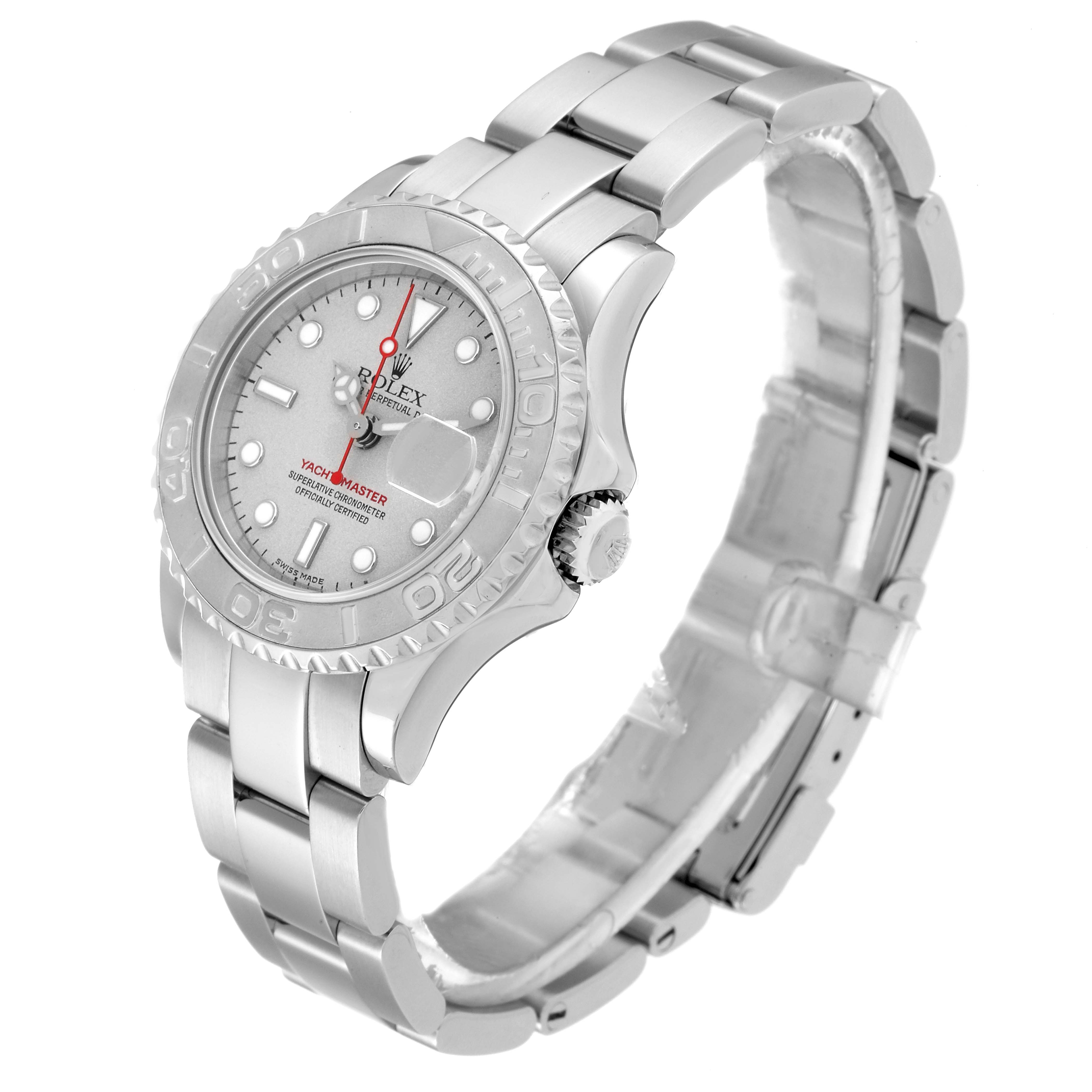 The Rolex Yacht-Master 169622 Women's Stainless Steel Silver Dial 169622 Women's Stainless Steel Silver Dial watch is shown at a slight angle, highlighting the dial, bezel, and metal bracelet.