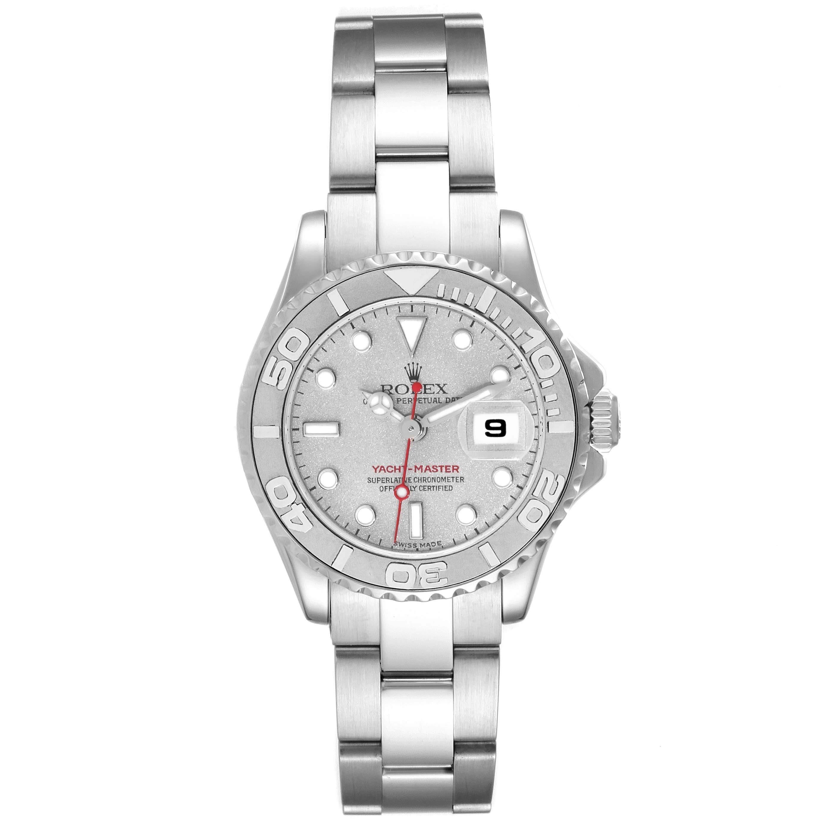 This image displays a front view of the Rolex Yacht-Master 169622 Women's Stainless Steel Silver Dial 169622 Women's Stainless Steel Silver Dial watch, including its face, bezel, bracelet, and crown.