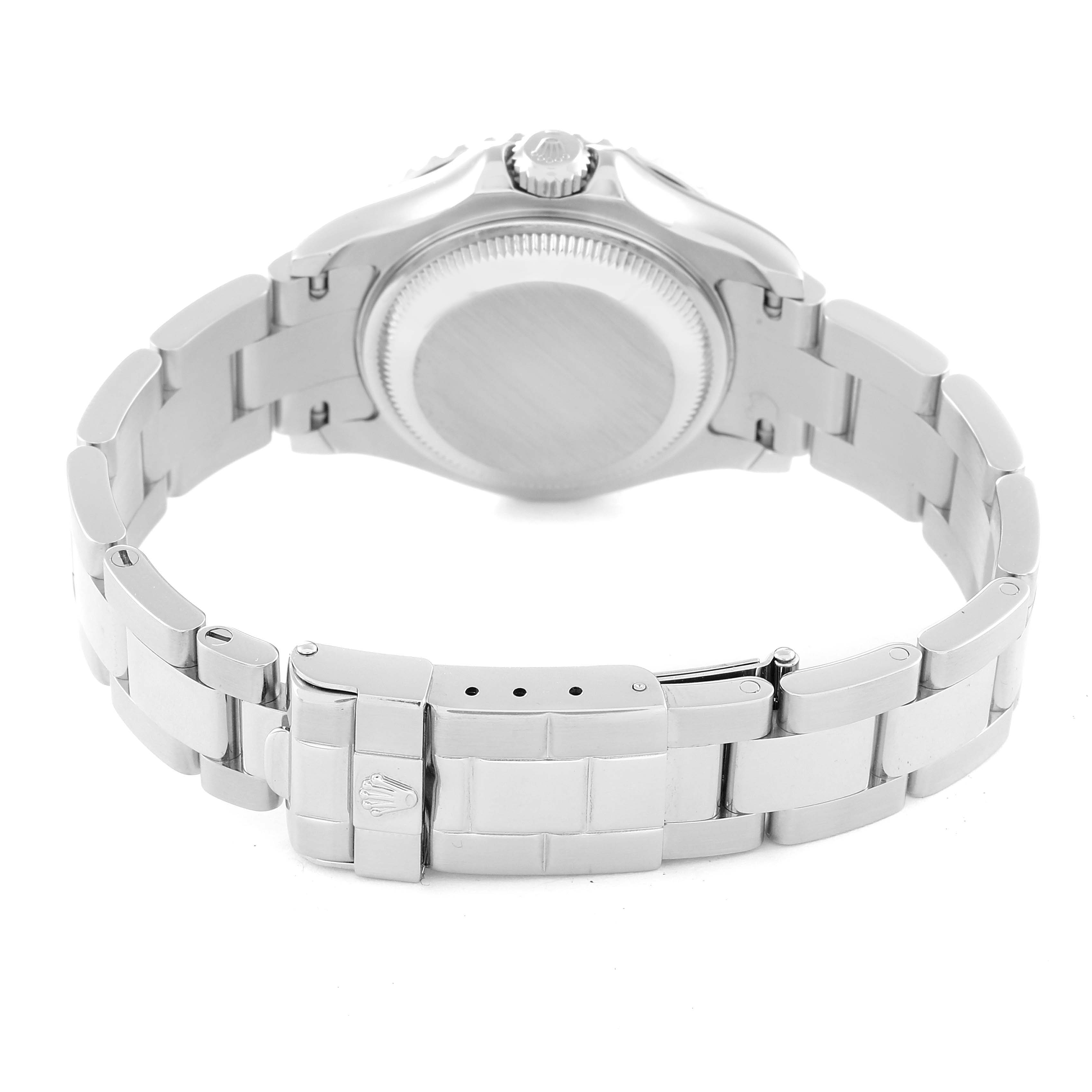 This Rolex Yacht-Master 169622 Women's Stainless Steel Silver Dial 169622 Women's Stainless Steel Silver Dial watch is shown from the back, highlighting the case back and metal bracelet.