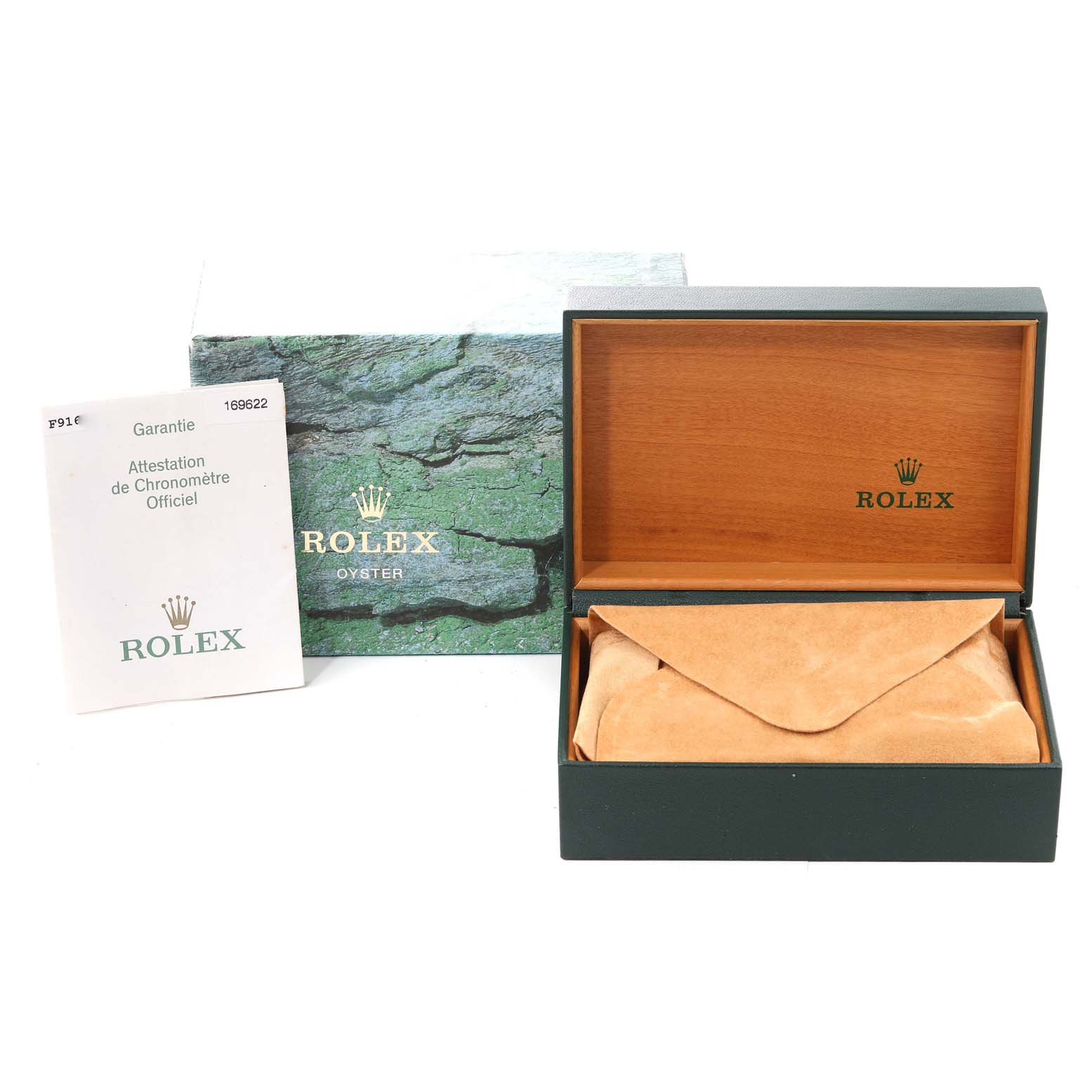 The image shows the packaging and accessories for a Rolex Yacht-Master 169622 Women's Stainless Steel Silver Dial 169622 Women's Stainless Steel Silver Dial watch, including a box, a suede pouch, and a certificate.