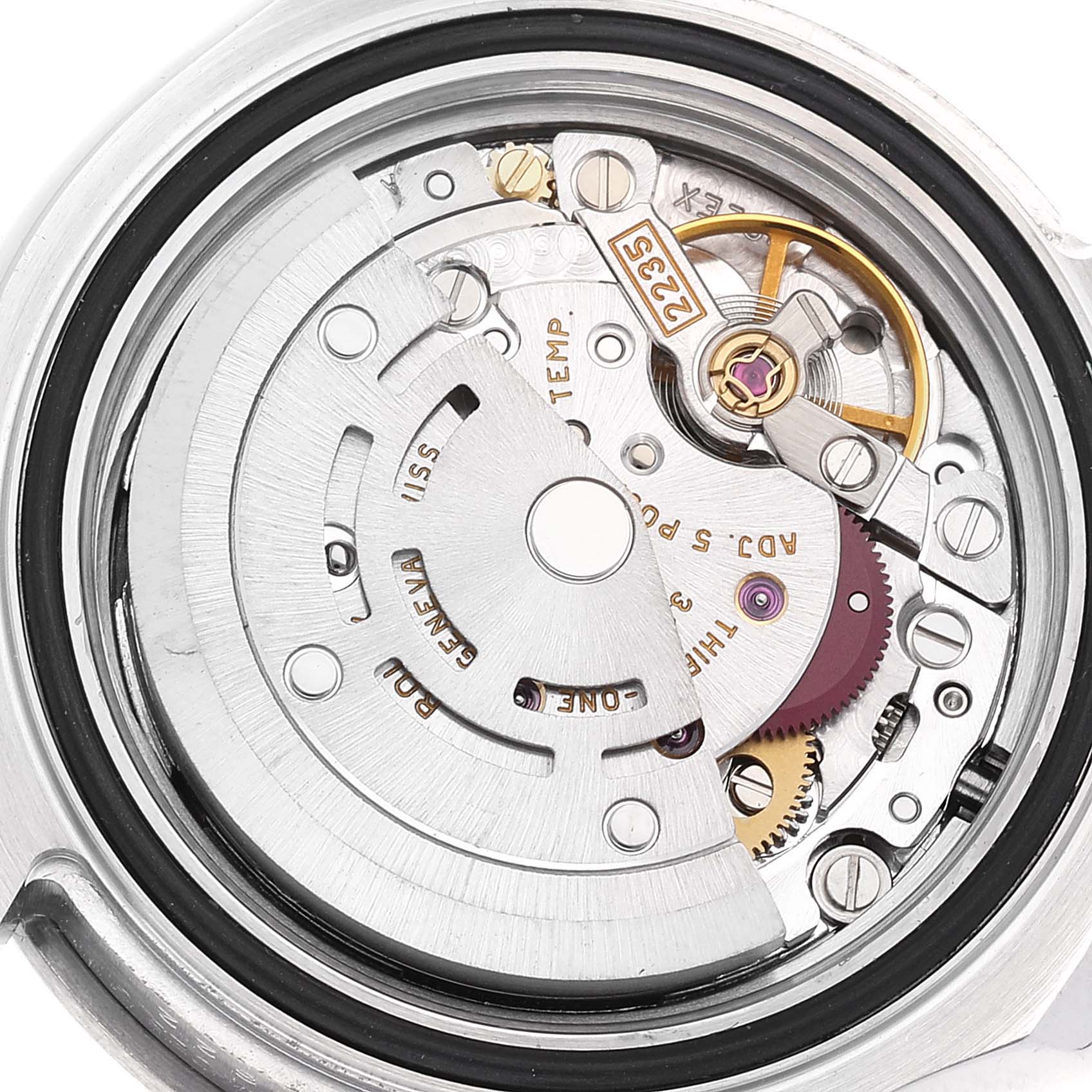 This is a detailed close-up of the internal mechanism of a Rolex Yacht-Master 169622 Women's Stainless Steel Silver Dial 169622 Women's Stainless Steel Silver Dial watch.
