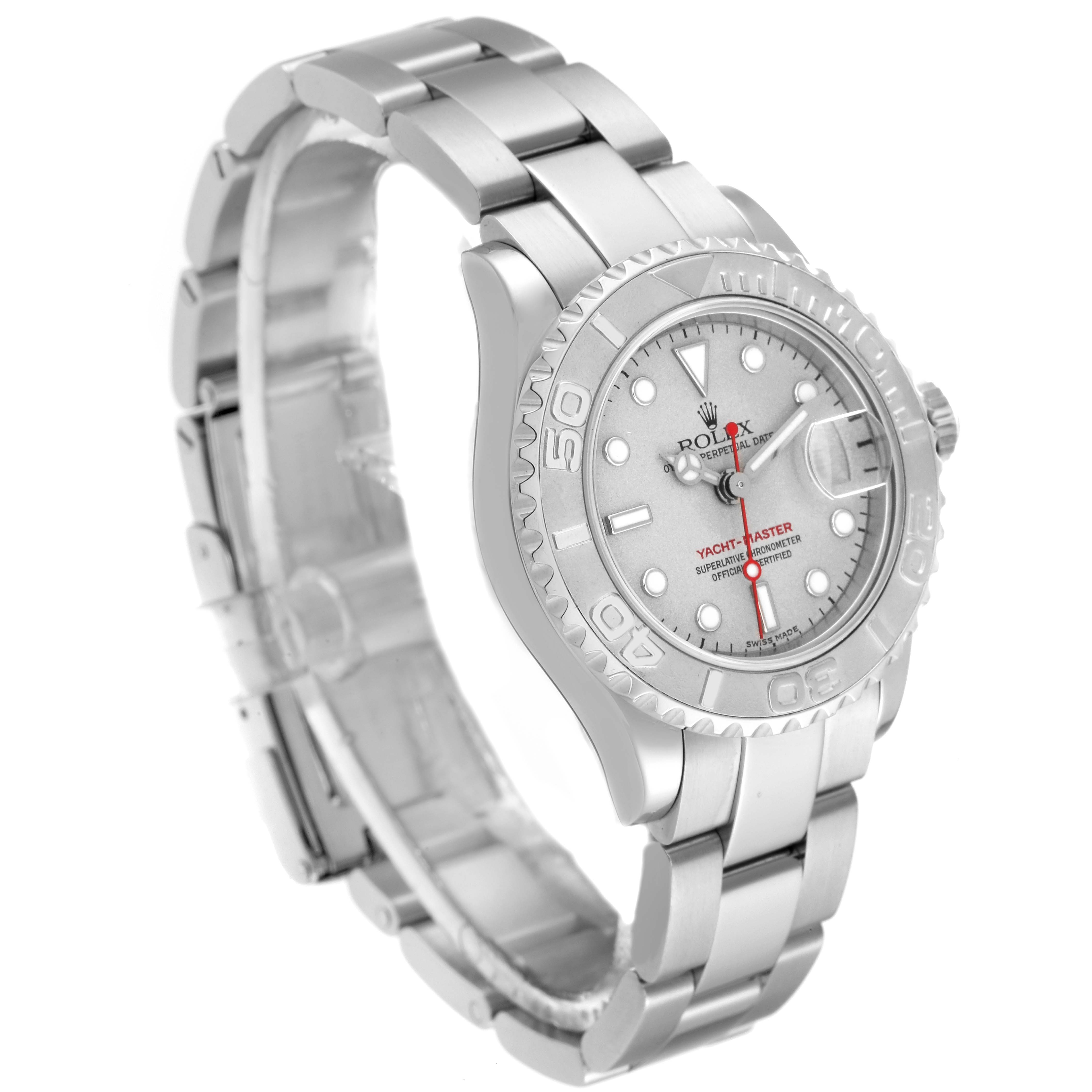 The Rolex Yacht-Master 169622 Women's Stainless Steel Silver Dial 169622 Women's Stainless Steel Silver Dial watch is shown at a three-quarter angle, displaying the dial, bezel, case, and bracelet.