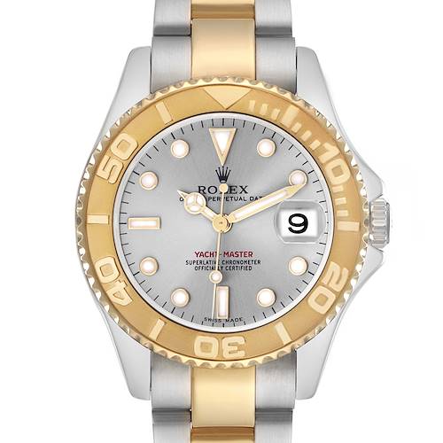 The image shows a Rolex Yacht-Master 168623 Men's Steel and Gold (two tone) Grey Dial 168623 Men's Steel and Gold (two tone) Grey Dial watch from a top-down angle, highlighting the dial, bezel, and part of the bracelet.