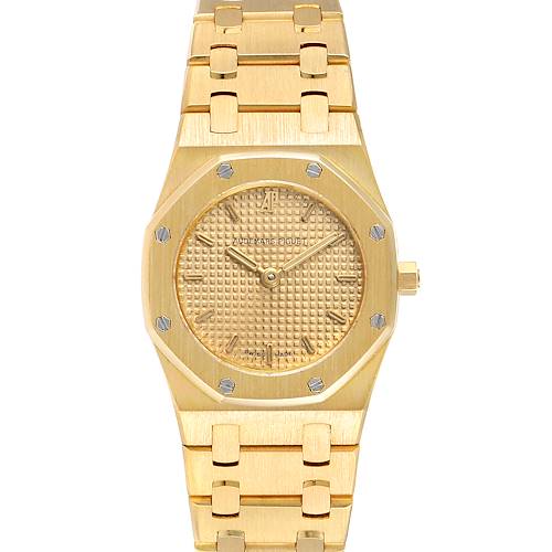 This image shows a front view of an Audemars Piguet Royal Oak D6519 Women's Yellow Gold Champagne Dial D6519 Women's Yellow Gold Champagne Dial watch, highlighting its octagonal bezel, dial, and bracelet.