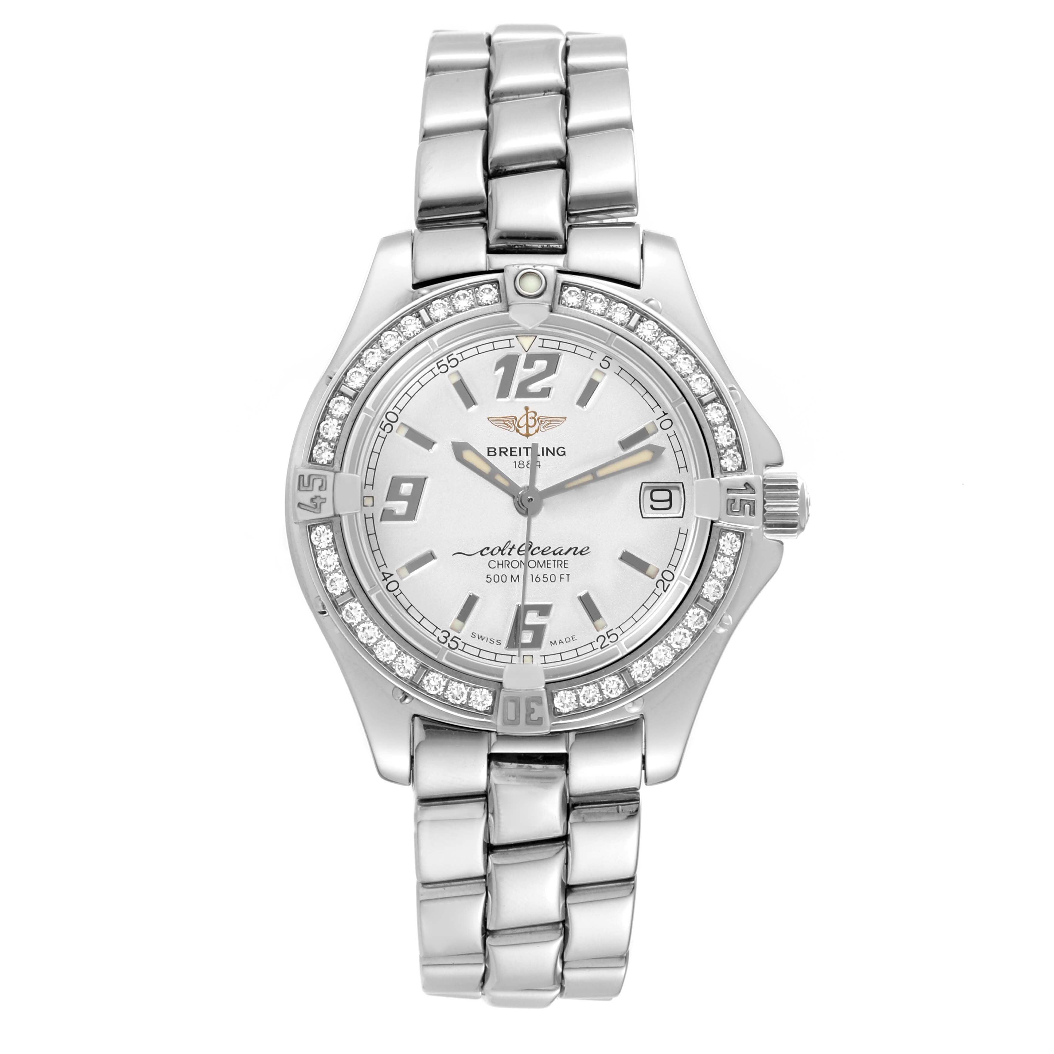 The Breitling A57350 Women's Stainless Steel Silver Dial A57350 Women's Stainless Steel Silver Dial Colt Oceane Silver Dial Diamond Steel Ladies Watch A57350 is shown from a front angle, highlighting its dial, bezel, and bracelet.