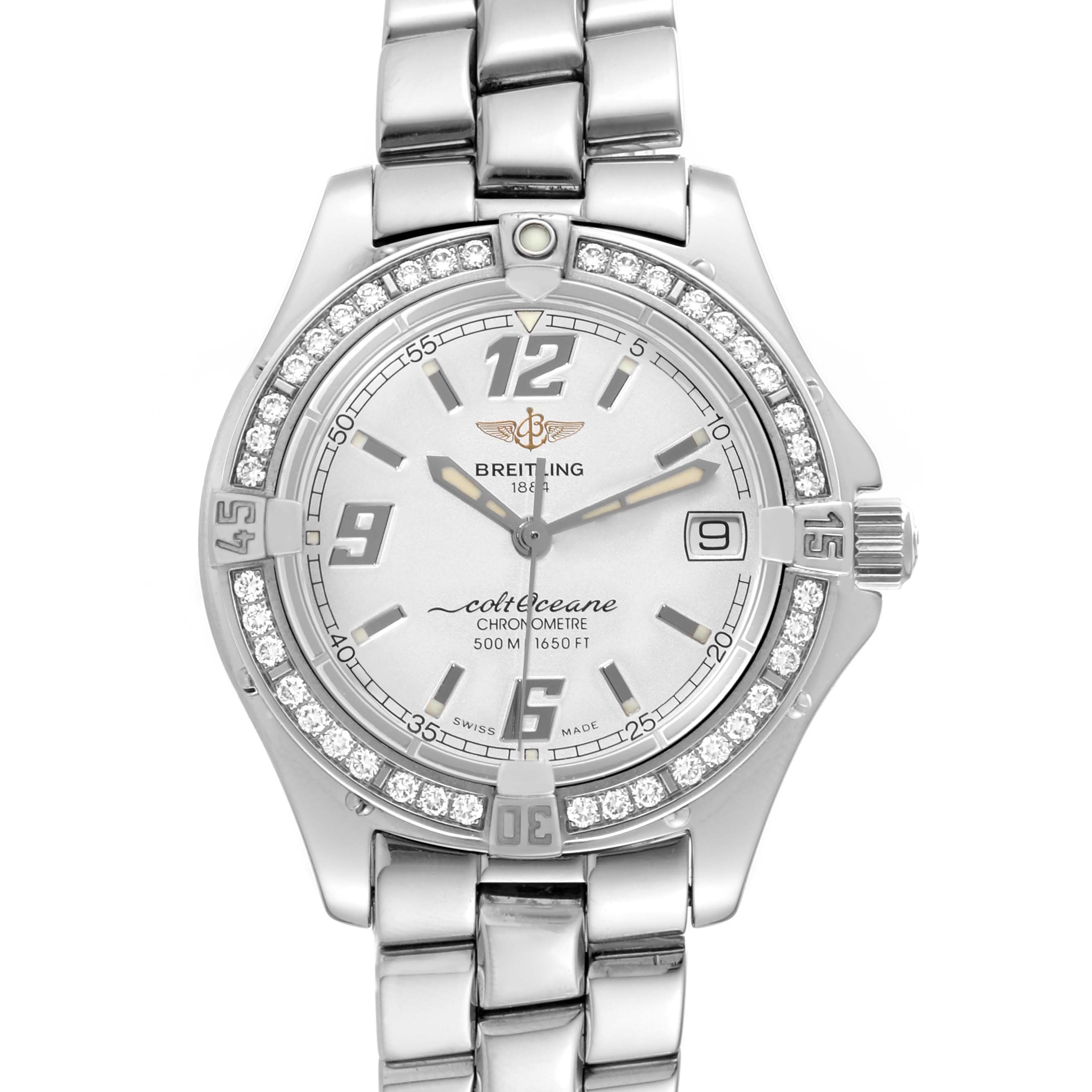 This Breitling A57350 Women's Stainless Steel Silver Dial A57350 Women's Stainless Steel Silver Dial Colt Oceane Silver Dial Diamond Steel Ladies Watch A57350 is shown from a front angle, displaying its dial, bezel, bracelet, and crown.