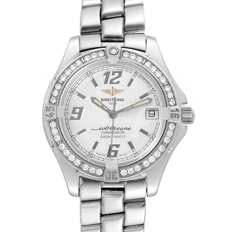This Breitling A57350 Women's Stainless Steel Silver Dial A57350 Women's Stainless Steel Silver Dial Colt Oceane Silver Dial Diamond Steel Ladies Watch A57350 is shown from a front angle, displaying its dial, bezel, bracelet, and crown.