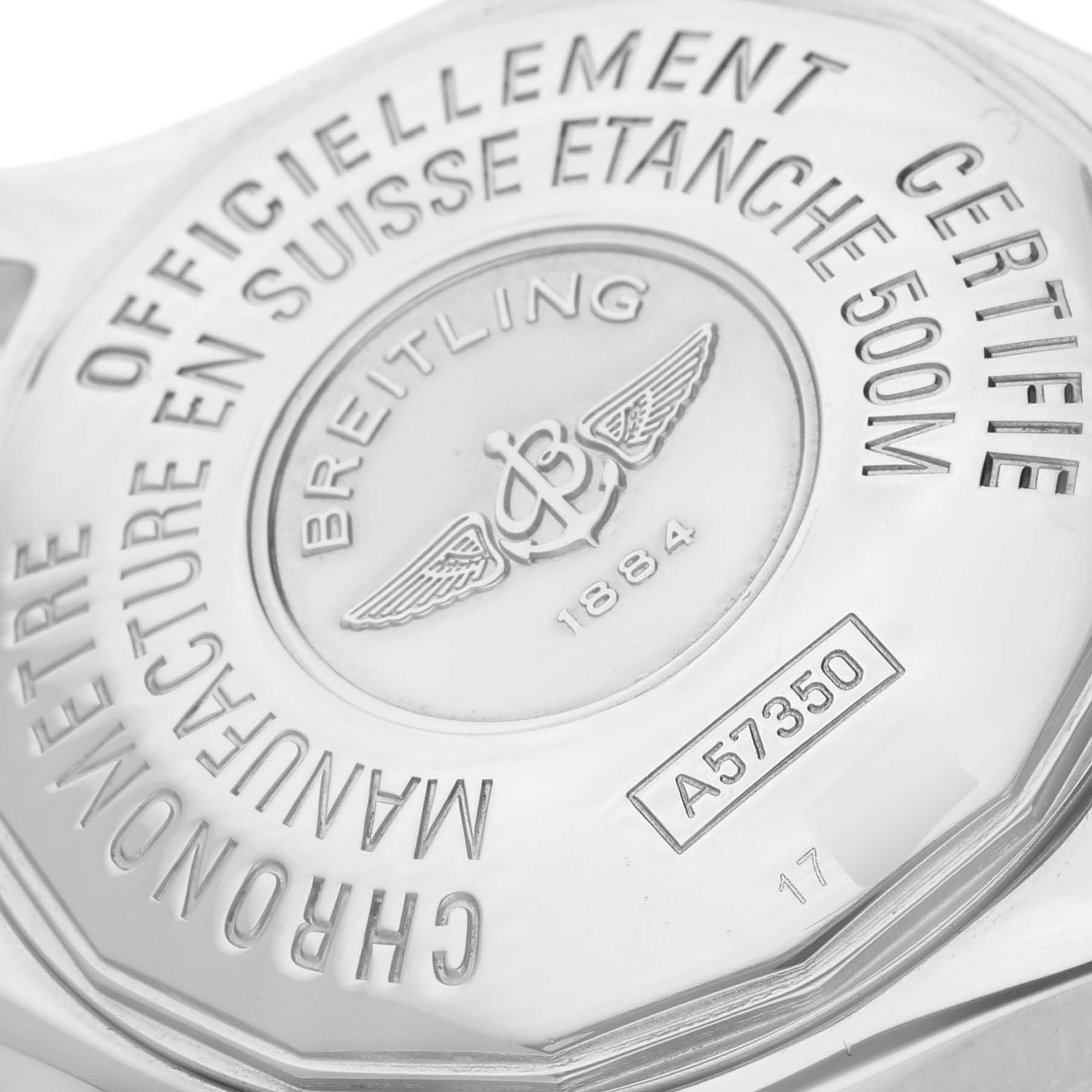 The image shows the backside of the Breitling A57350 Women's Stainless Steel Silver Dial A57350 Women's Stainless Steel Silver Dial Colt Oceane A57350 watch, displaying the model number and branding details.