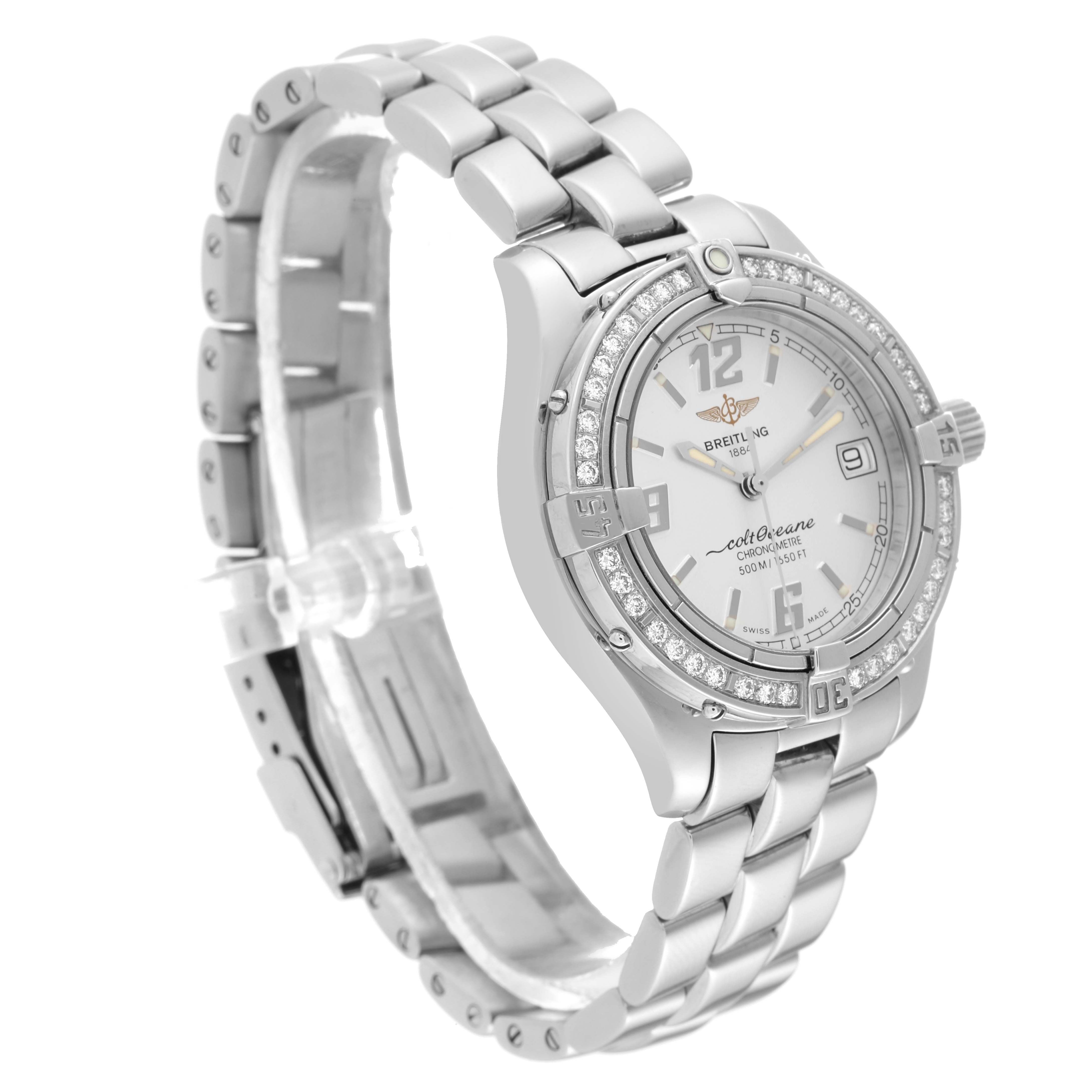 The image shows a Breitling A57350 Women's Stainless Steel Silver Dial A57350 Women's Stainless Steel Silver Dial Colt Oceane Silver Dial Diamond Steel Ladies Watch A57350 from a front-left angle, highlighting its face, bezel, and bracelet.