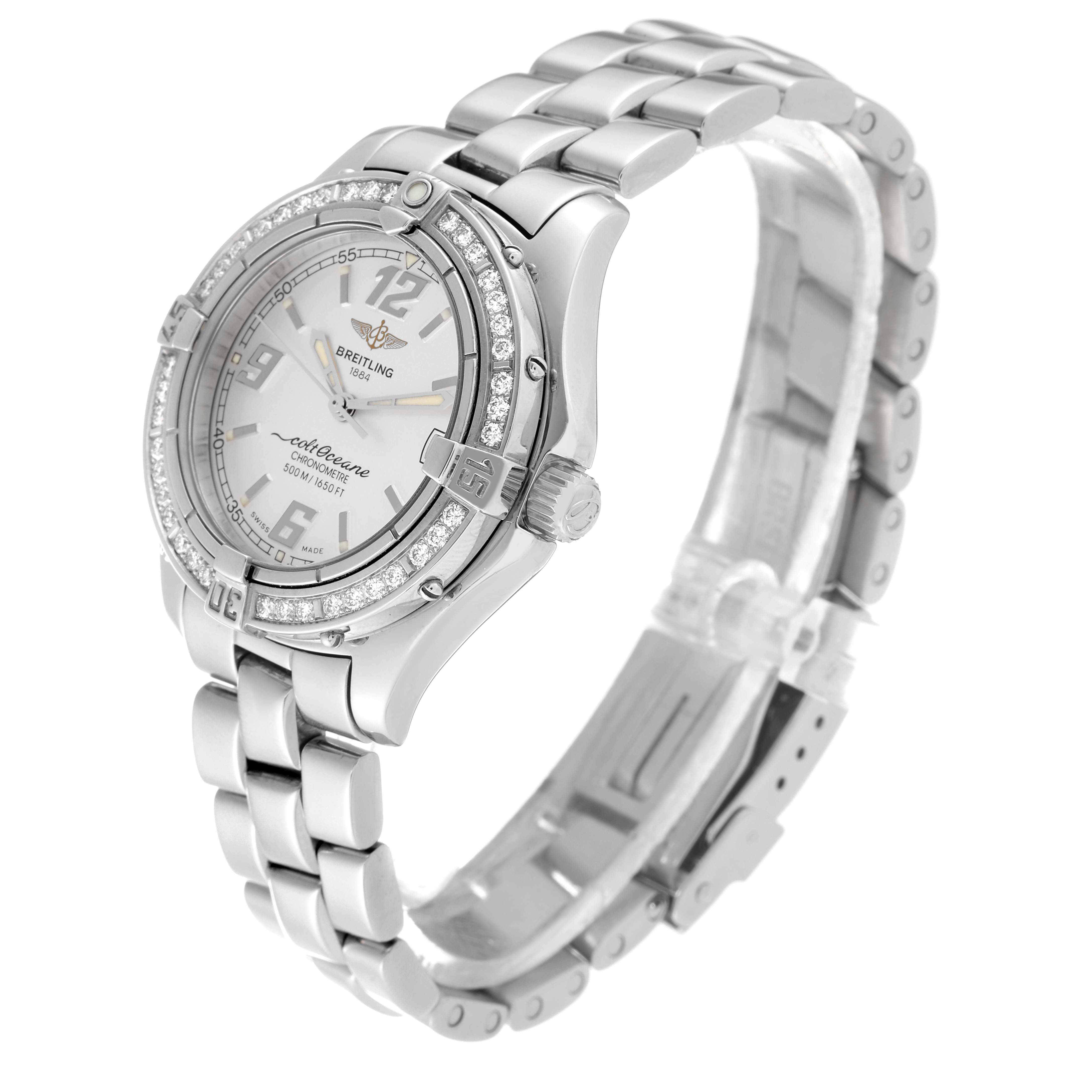 The image shows a side angle of the Breitling A57350 Women's Stainless Steel Silver Dial A57350 Women's Stainless Steel Silver Dial Colt Oceane Silver Dial Diamond Steel Ladies Watch A57350, highlighting the band and face.
