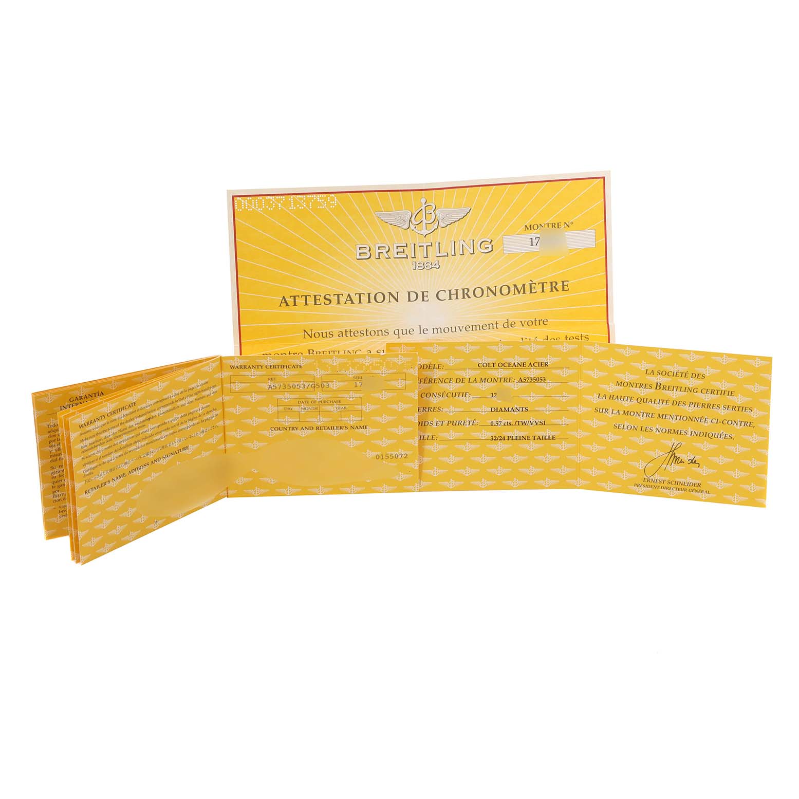 This image shows the certification and warranty cards for the Breitling A57350 Women's Stainless Steel Silver Dial A57350 Women's Stainless Steel Silver Dial Colt Oceane Silver Dial Diamond Steel Ladies Watch A57350 model.