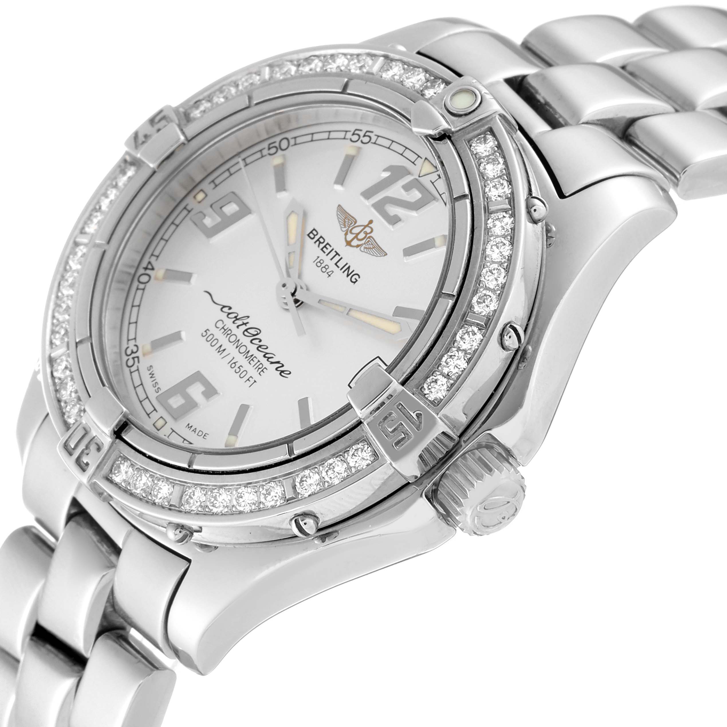 This image shows a close-up angle of the Breitling A57350 Women's Stainless Steel Silver Dial A57350 Women's Stainless Steel Silver Dial Colt Oceane Silver Dial Diamond Steel Ladies Watch A57350.