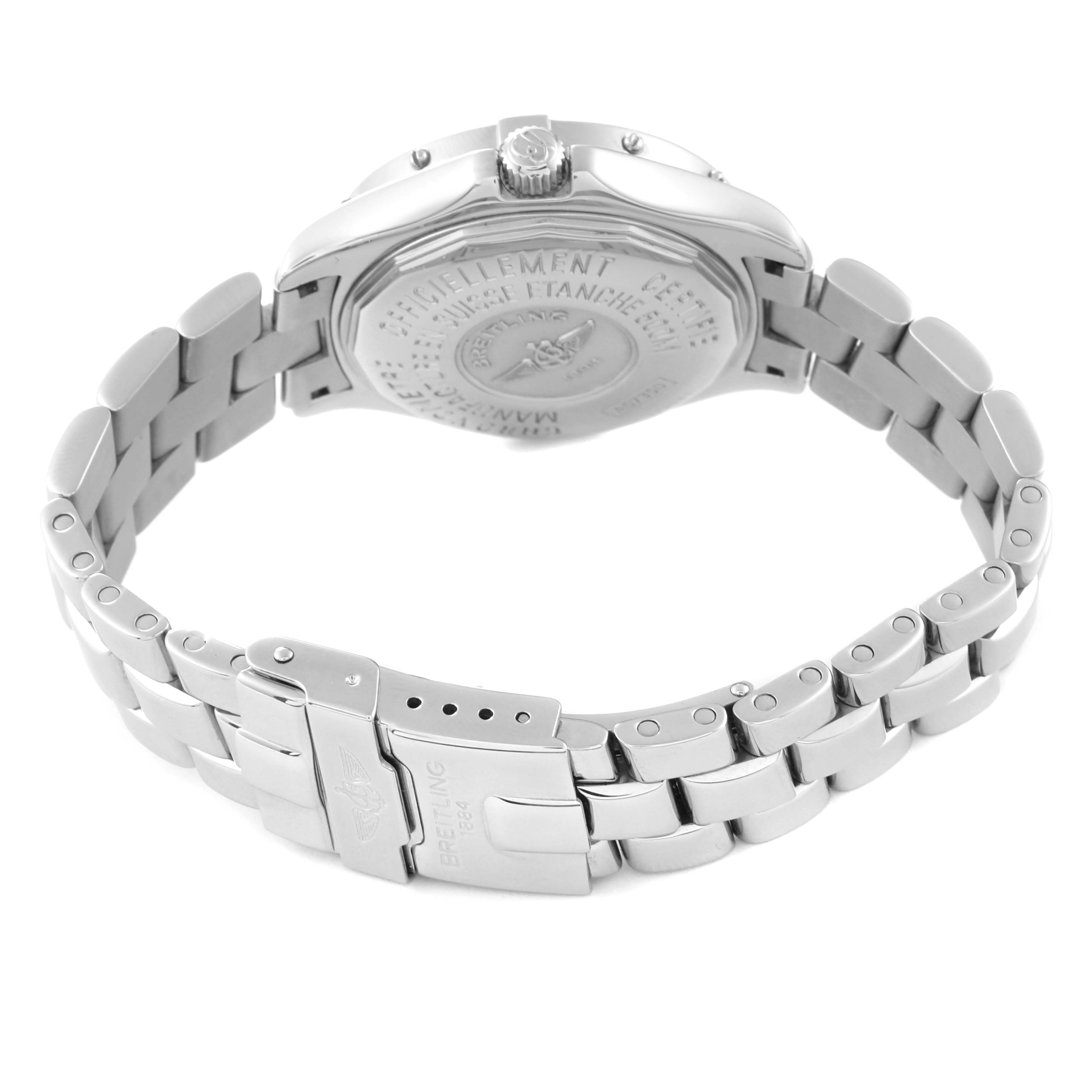 The image shows the back and bracelet of the Breitling A57350 Women's Stainless Steel Silver Dial A57350 Women's Stainless Steel Silver Dial Colt Oceane Silver Dial Diamond Steel Ladies Watch A57350, emphasizing the clasp.