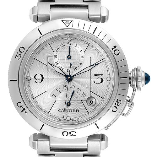 This image shows a close-up, front view of a Cartier Pasha W31037H3 Men's Stainless Steel Silver Dial W31037H3 Men's Stainless Steel Silver Dial model watch featuring the face, bezel, and part of the metal bracelet.
