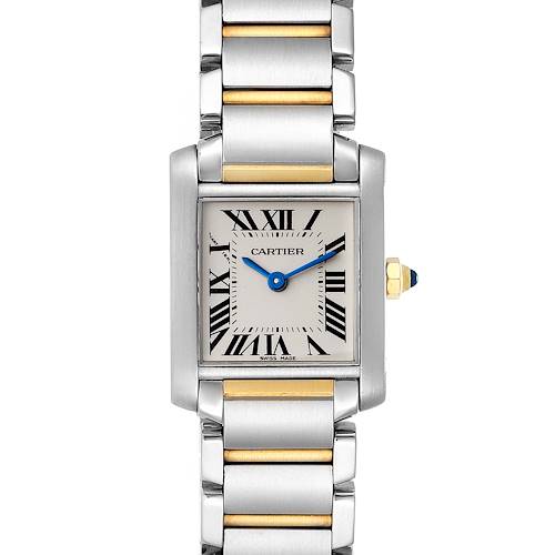 The Cartier Tank Française watch is shown from a front angle, highlighting its rectangular face, Roman numerals, and two-tone bracelet.