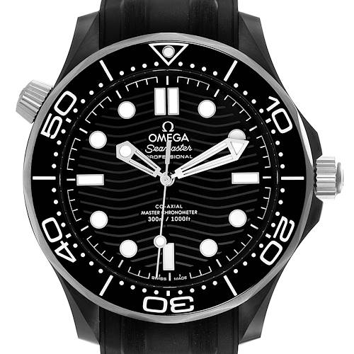 The image shows a front view of an Omega Seamaster 210.92.44.20.01.001 Men's Ceramic Black Dial 210.92.44.20.01.001 Men's Ceramic Black Dial watch, highlighting its face, bezel, and crown.