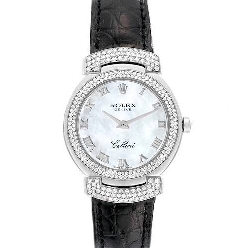 This Rolex Cellini 6673 Women's White Gold Mother of Pearl Dial 6673 Women's White Gold Mother of Pearl Dial watch is shown from the front, displaying the face, bezel, and strap.
