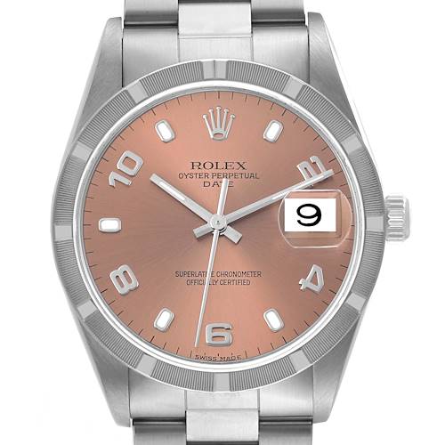 This image shows a front view of a Rolex Oyster Perpetual Date watch, highlighting the face, hands, date window, and part of the bracelet.