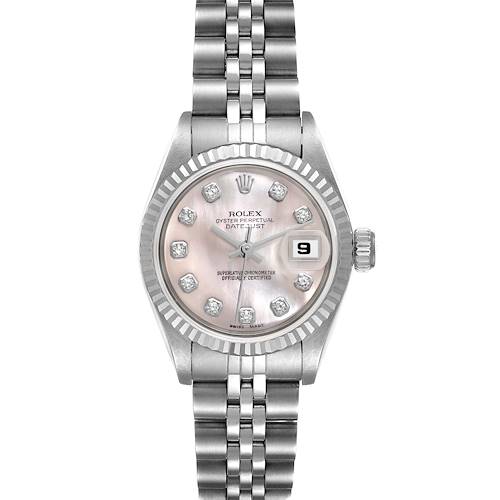 The image shows a frontal view of a Rolex Datejust 69174 Women's Stainless Steel Mother of Pearl Dial 69174 Women's Stainless Steel Mother of Pearl Dial model watch, highlighting the dial, hour markers, date display, and bracelet.