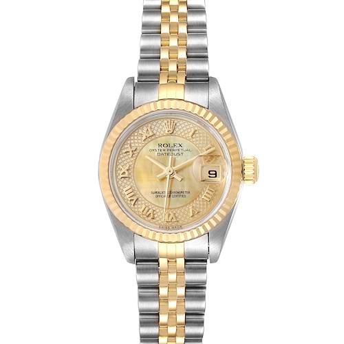 The image shows a front view of the Rolex Datejust 79173 Women's Steel and Gold (two tone) Mother of Pearl Dial 79173 Women's Steel and Gold (two tone) Mother of Pearl Dial watch, displaying the dial, bezel, and bracelet.