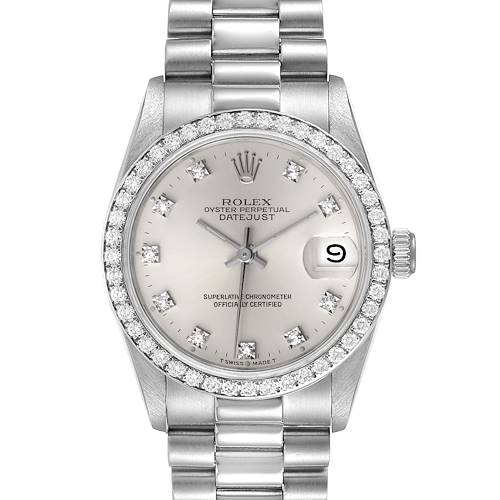 The image shows a front view of a Rolex President 68286 Women's Platinum Silver Dial 68286 Women's Platinum Silver Dial model watch displaying its dial, bezel, and bracelet.