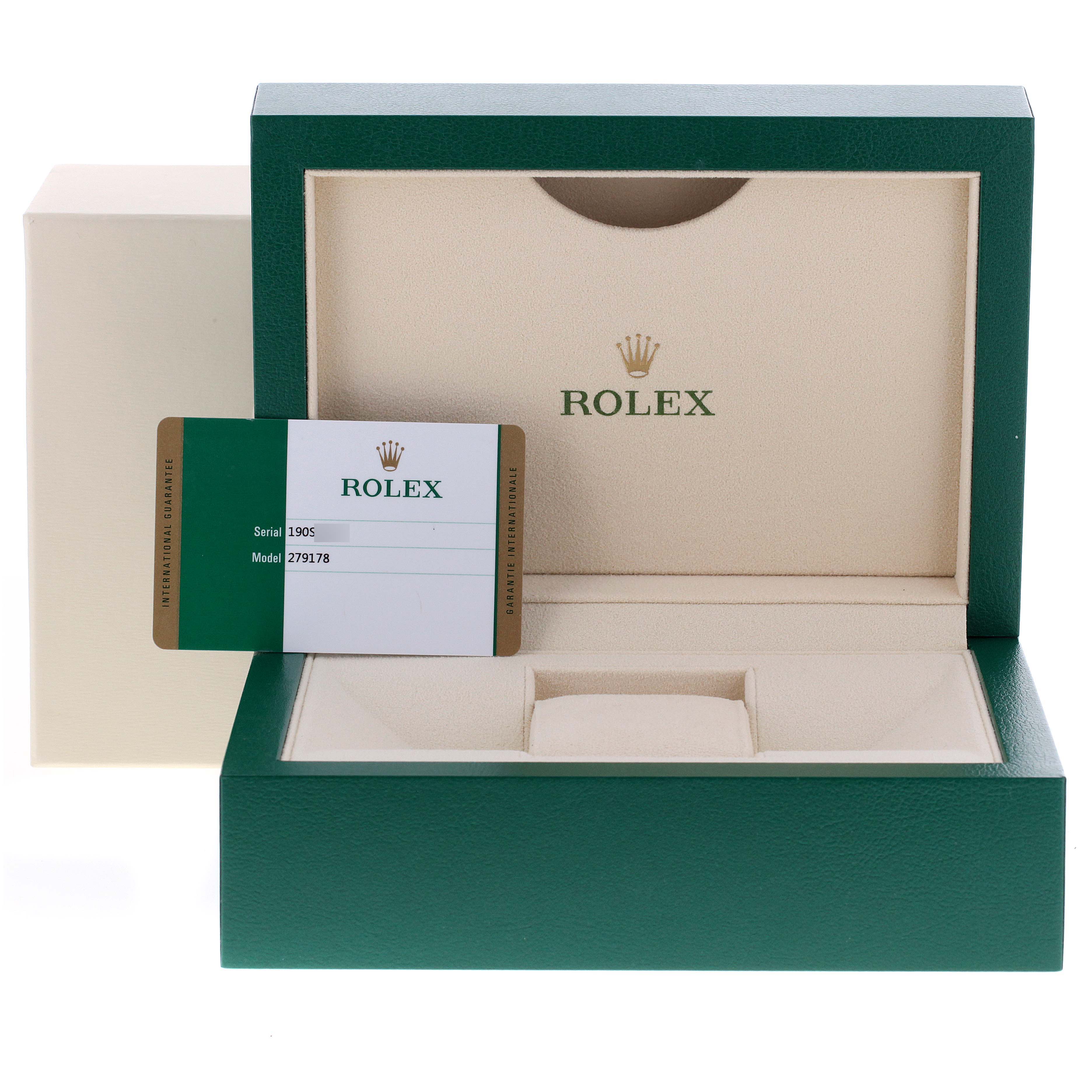 This image displays the open box and warranty card for a Rolex President 279178 Women's Yellow Gold Champagne Dial 279178 Women's Yellow Gold Champagne Dial model watch.