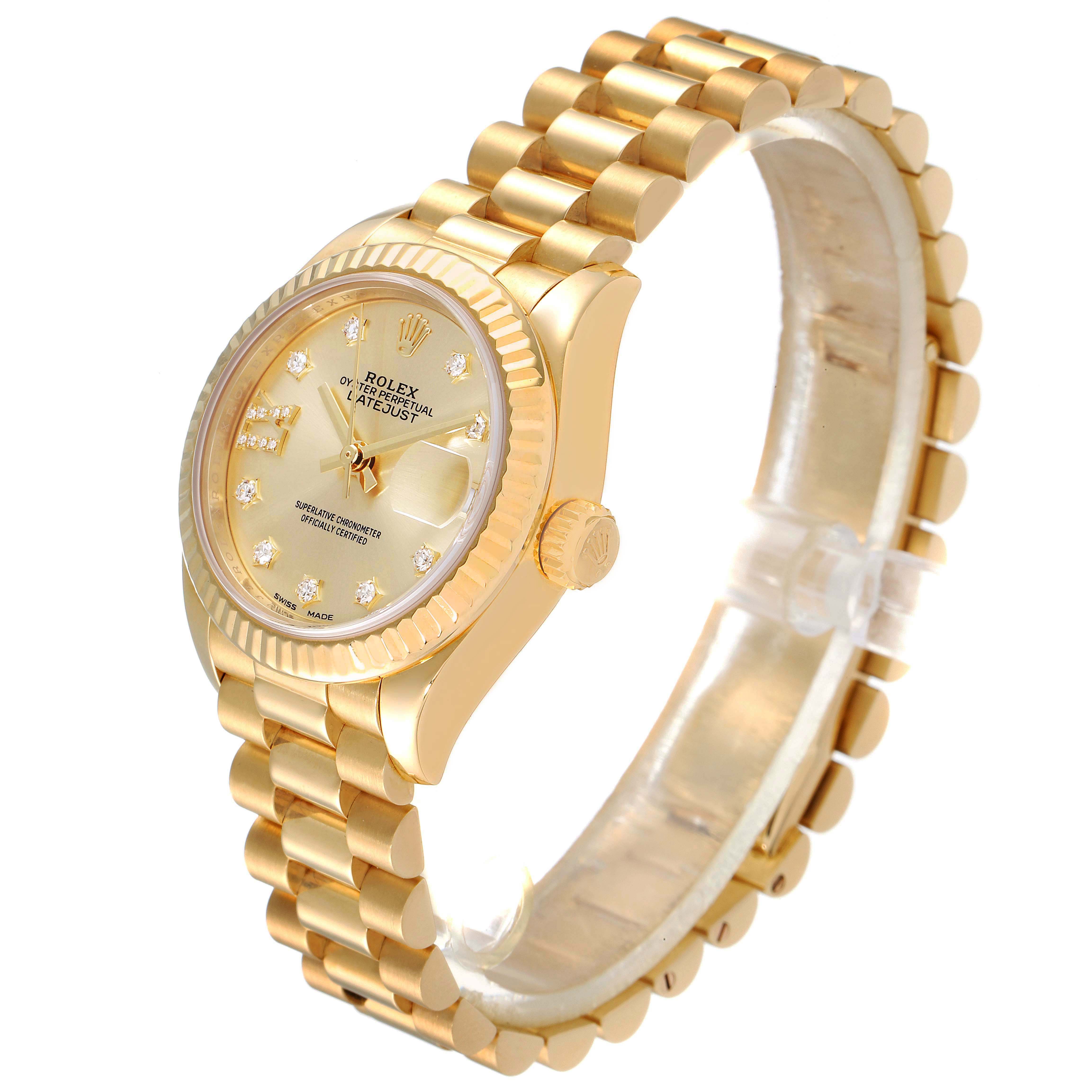 The image displays a Rolex President 279178 Women's Yellow Gold Champagne Dial 279178 Women's Yellow Gold Champagne Dial model watch at a slight angle, showcasing the watch face, bracelet, and crown.